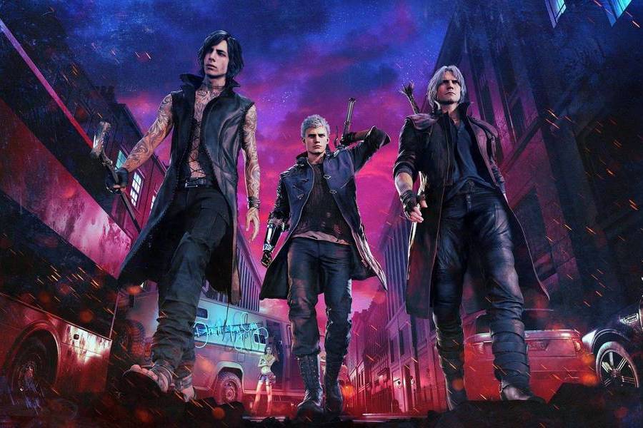 Dante, Nero y V, portada de Devil May Cry 5. Dante, Nero y V, portada de Devil May Cry 5.