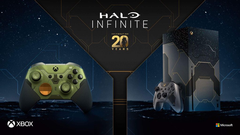 Xbox Series X y mando inalámbrico Elite Series 2 con motivos de Halo Infinite