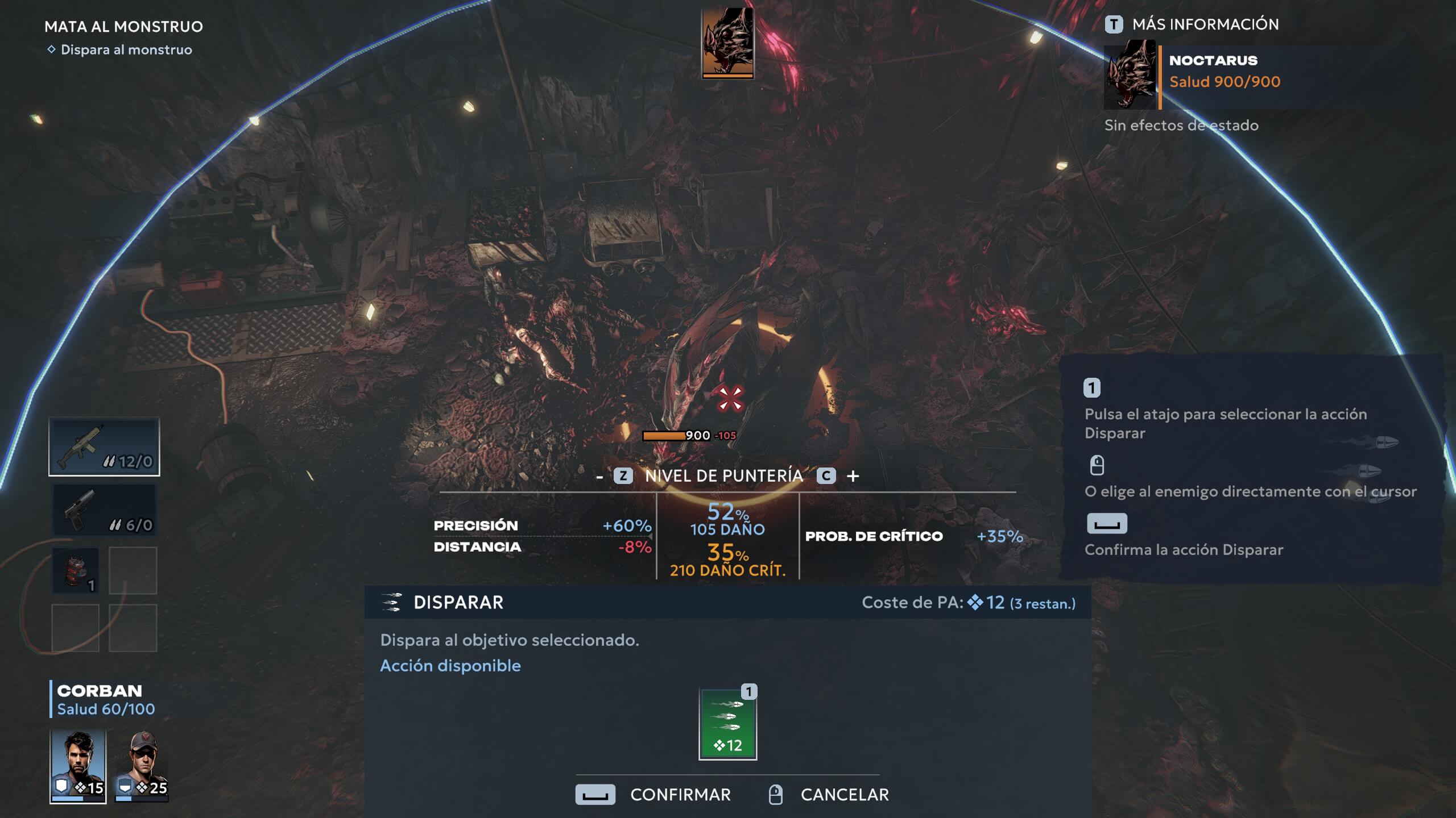 Análisis de Chains of Freedom | Una de las primeras peleas. Podemos potenciar el nivel de puntería para sumar más porcentaje de acierto y elegir entre arma principal, secundaria y consumibles.