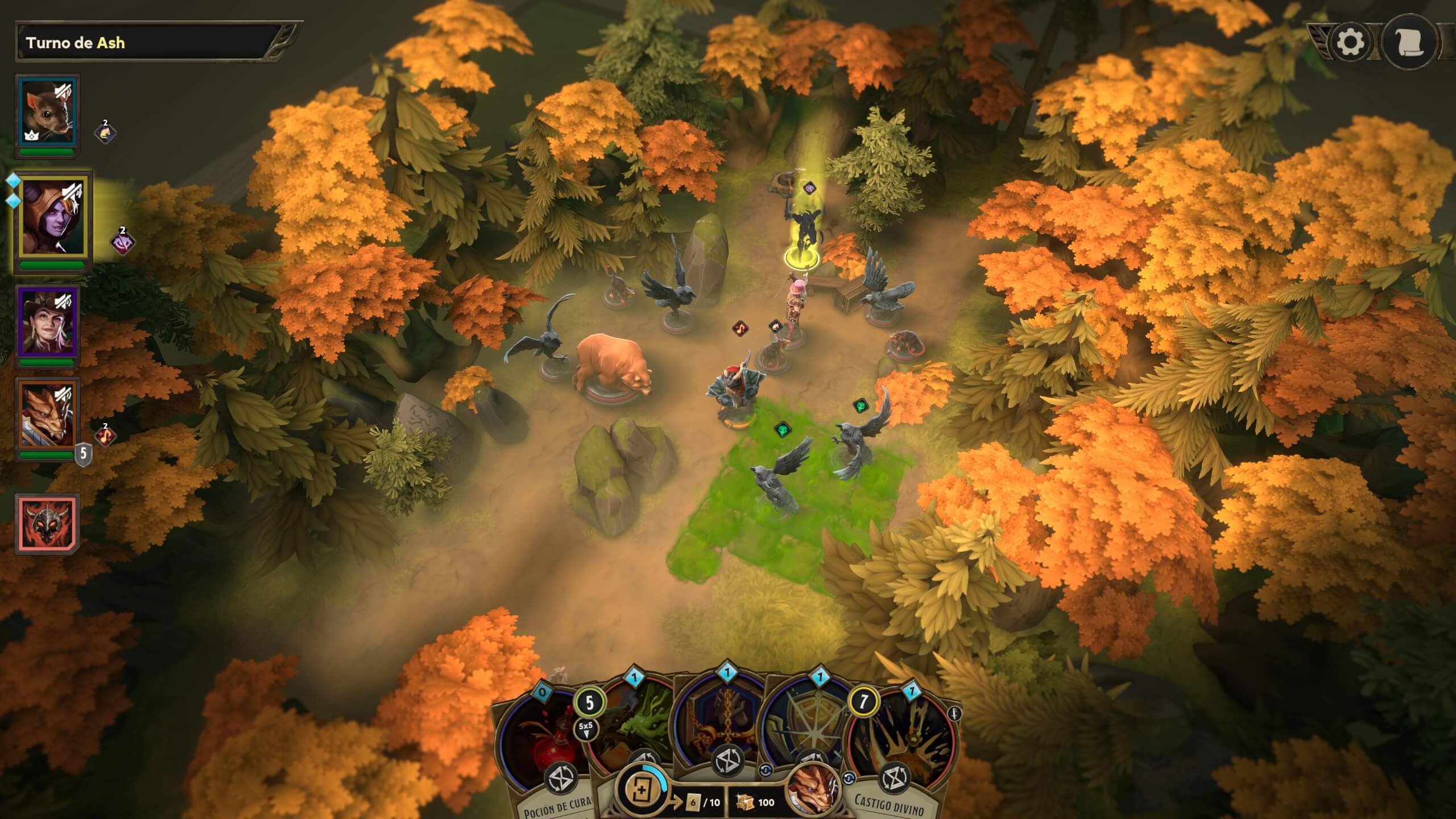 Análisis de Demeo x Dungeons and Dragons: Battlemarked | Ejemplo de combate. Aquí vemos distintas cartas que podemos usar y efectos de entorno, en este caso ácido en el suelo.