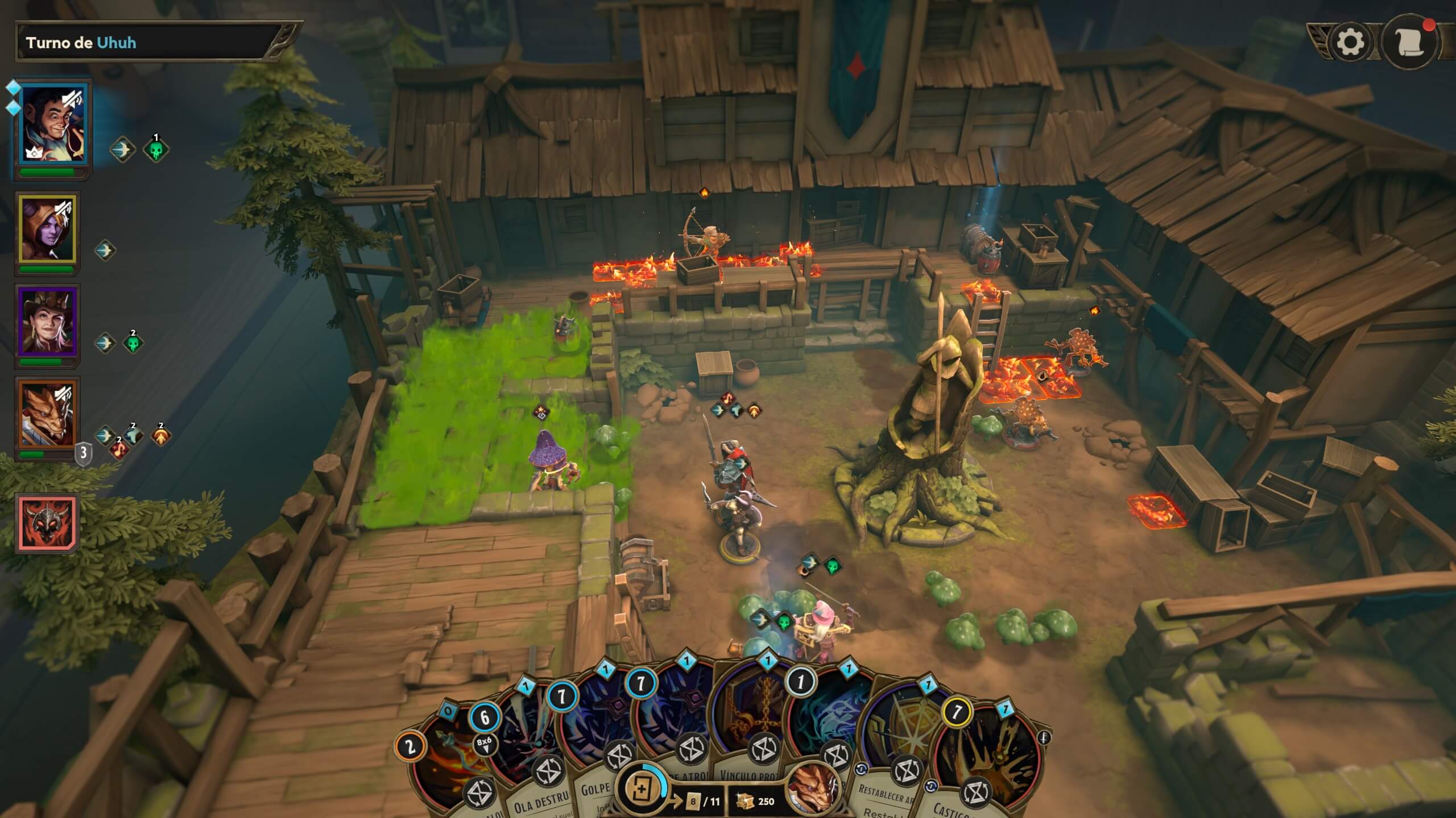 Análisis de Demeo x Dungeons and Dragons: Battlemarked |Otro ejemplo de combate con la mano incluso más llena de cartas y distintos efectos de terreno.