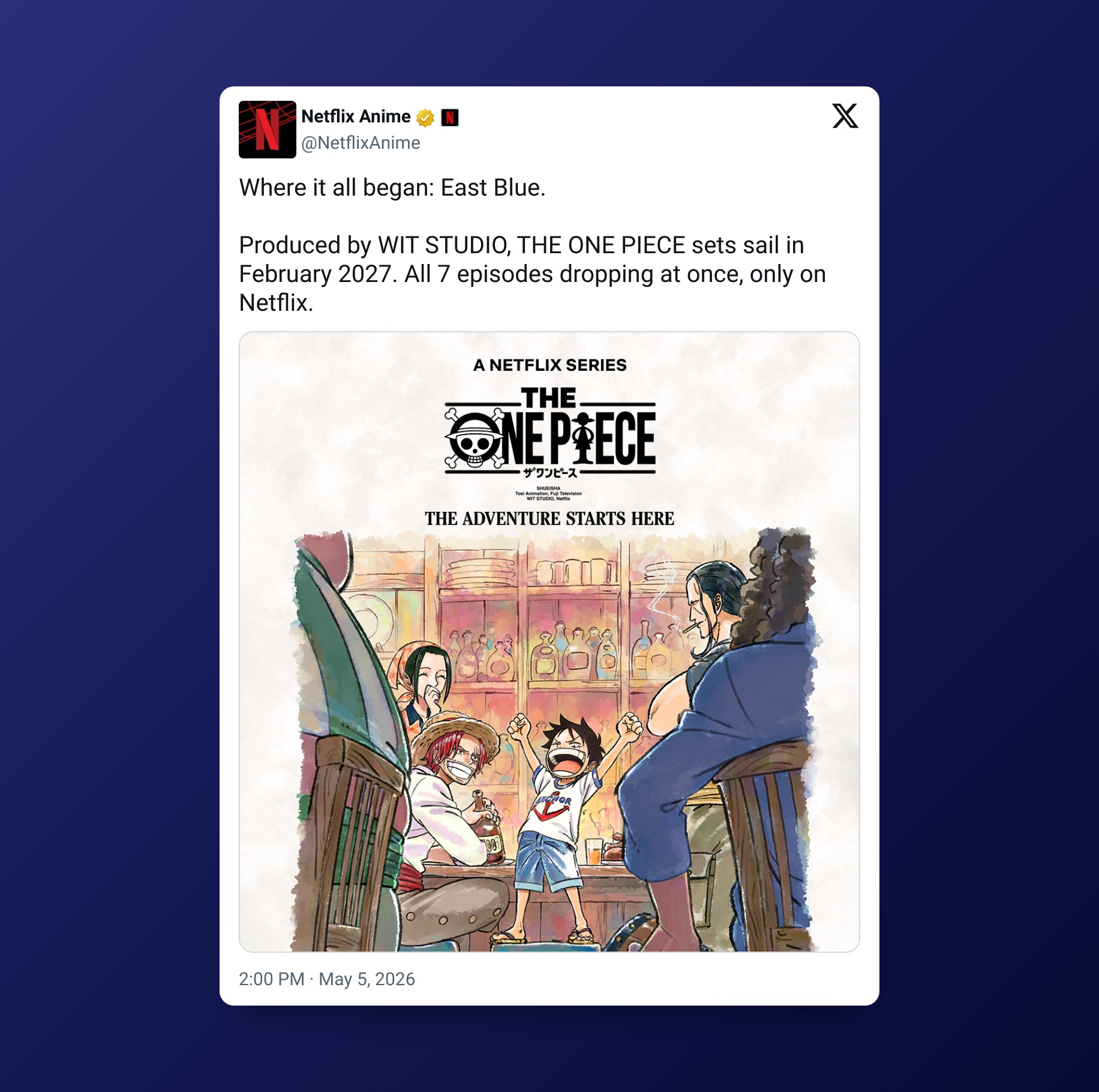 Tuit oficial que confirma la ventana de estreno de The One Piece, el remake del anime. Vïa Netflix