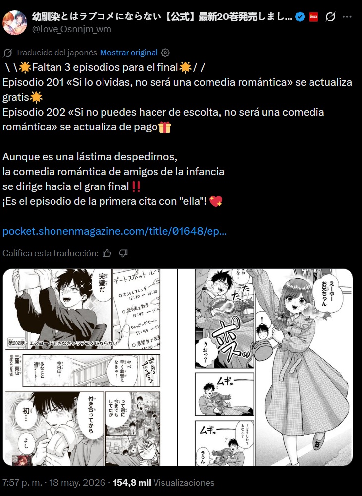El manga de You Can't Be In a Rom-Com with Your Childhood Friends! se aproxima a su final