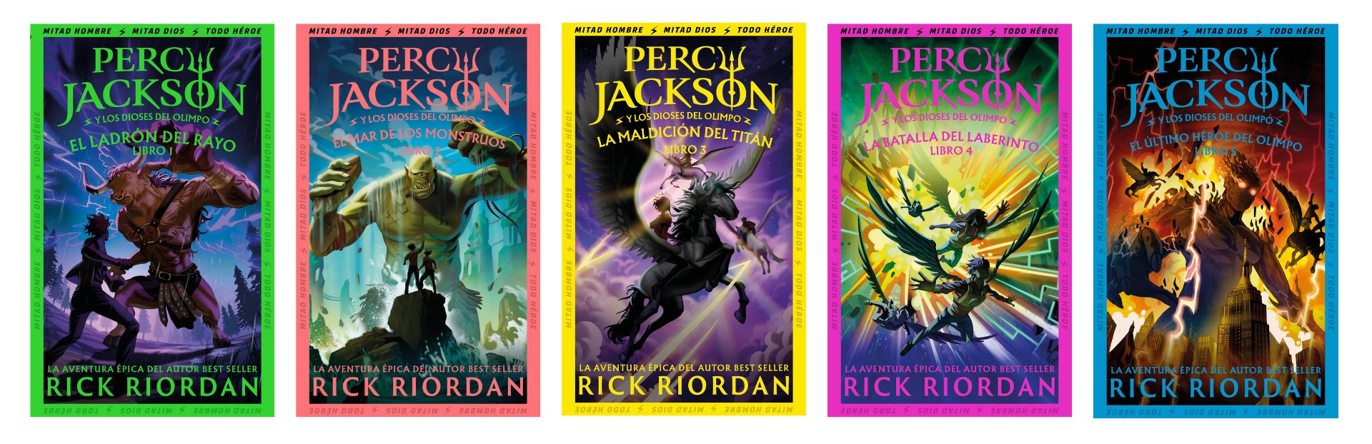 Portadas de los cinco libros de la nueva edición de Percy Jackson.