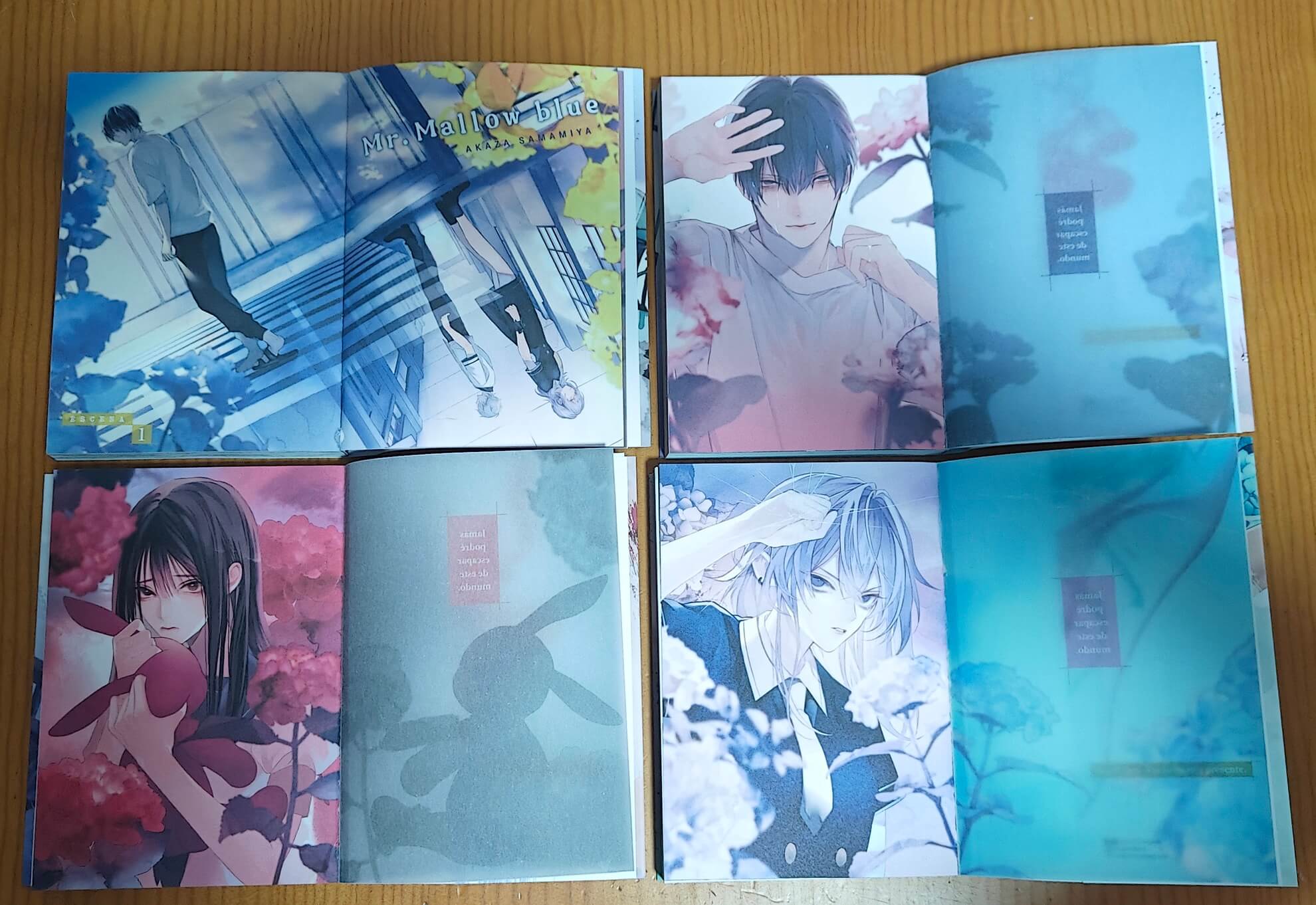 Reseña manga completo Mr. Mallow Blue, vol. 1-6 | Distintos interiores a color de diferentes tomos.